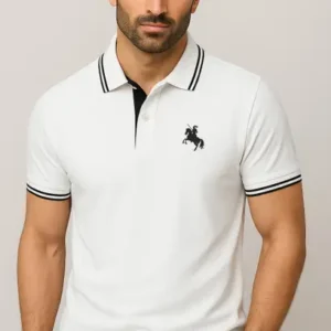 Men Printed Polo Neck Cotton Blend White T-Shirt